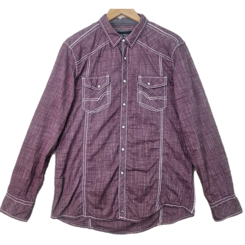 Buckle Black Pearl Snap Shirt Mens Large Standard Fit Maroon Chambray Western